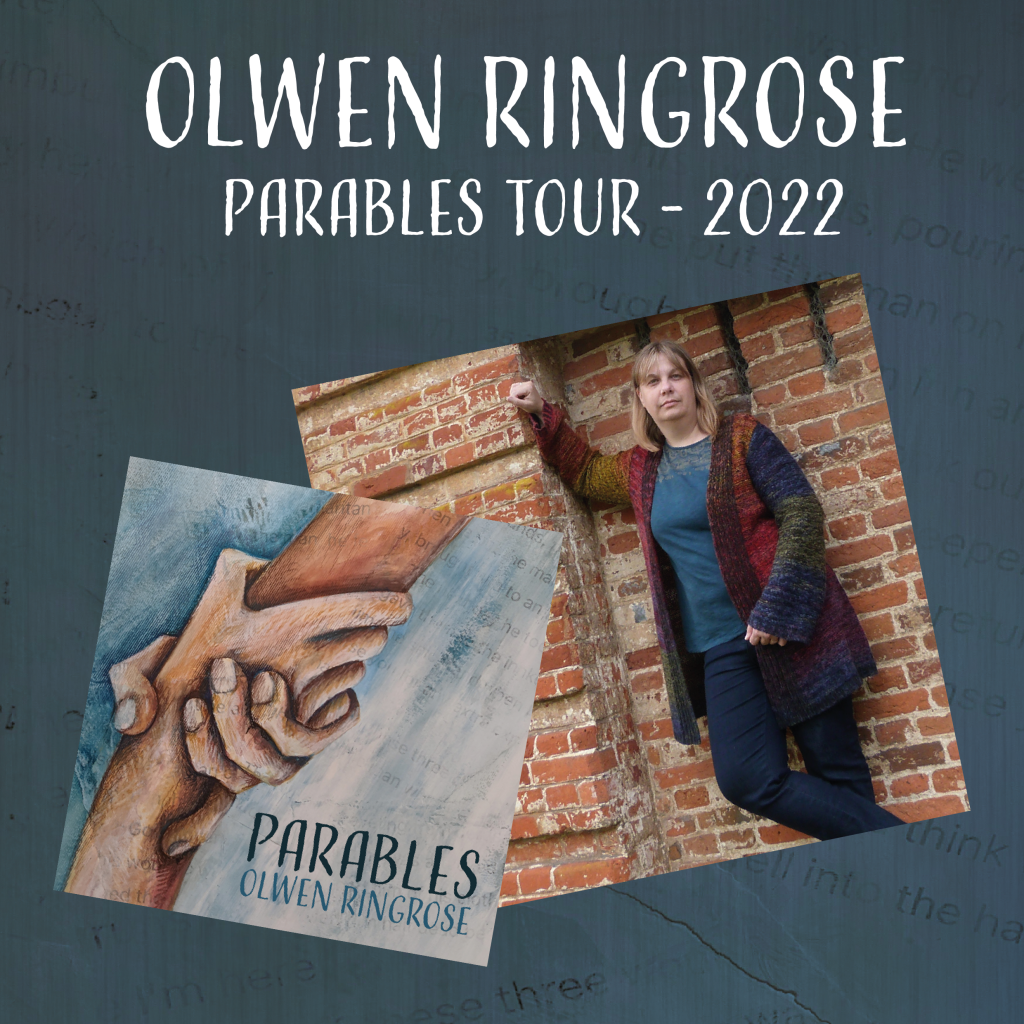 Olwen Ringrose - Parables Tour. Photo of Olwen leaning against a brick wall and image of the cover of the EP - two hands, one pulling the other up